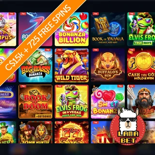 A banner promoting C$15,000 and 725 free spins on slots overlaying the Lamabet Slots Lobby screenshot with Lamabet logo