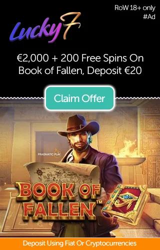 Book of Fallen logo with protagonist character with a promo for €2000 plus 200 free spins on Book of Fallen from Lucky7even Casino