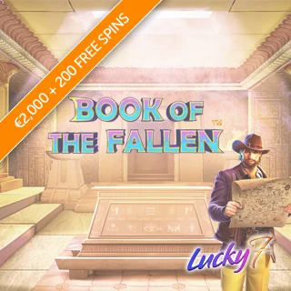 The tomb backdrop from Book of Fallen with protagonist holding a map, lucky seven even casino logo, and banner promoting 2,000 euros plus 200 free spins