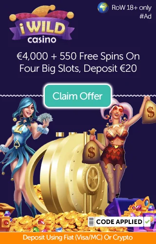 The iWild hero image with the iWild logo and a promo for €4,000 plus 550 free spins on four slots