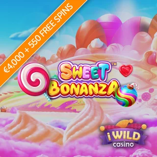 Sweet Bonanza slot logo with backdrop and iWild casino logo with promo for €4,000 and 550 free spins