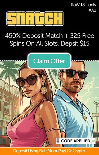 Snatch logo with two hero protagonists and text promoting 450% deposit match bonus plus 325 Free Spins on all slots when you deposit $15