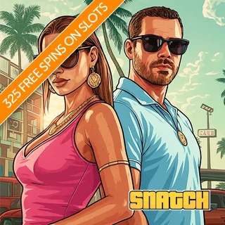 Snatch logo with hero protagonists and a banner promoting 325 free spins on slots