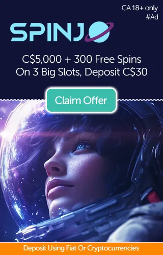 Spinjo hero image of female astronaut with accompanying promo banner for C$5,000 and 300 free spins