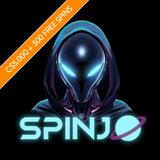 The Spinjo Alien with a banner promoting the C$5,000 welcome bonus and 300 free spins on three slots