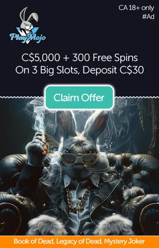 The Play'n GO hero bunny rabbit sitting in a Chesterfield chair smoking a cigar with a banner promoting C$5,000 and 300 free spins