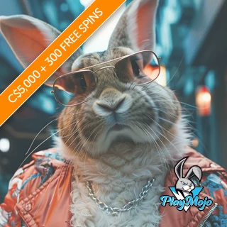 Orange banner promoting C$5,000 free bonus and 300 free spins with Play Mojo logo and hero bunny rabbit wearing sunglasses in the background