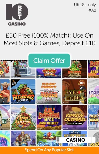 A selection of online slot games available at 10bet With promotional text about their £50 free 100% deposit match bonus when you deposit just £10