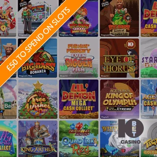 Diagonal orange banner promoting £50, free to spend on slots with popular slot games in the background in a tiled manner with the 10bet logo