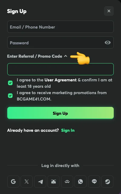 BC.GAME sign up form showing prompt to enter promo code
