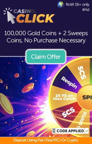 Casino Click logo with a promo for a hundred thousand gold coins and two sweeps coins (with no purchase necessary) with an image of a spinning wheel.