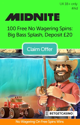 Big Bass Splash—cowboy fisherman with truck and game backdrop—with a promo for 100 free no wagering spins when you deposit £20. Big Bass Splash—cowboy fisherman with truck and game backdrop—with a promo for 100 free no wagering spins when you deposit £20.