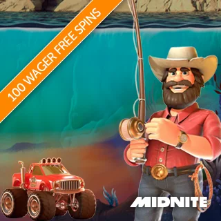 Diagonal orange banner promoting 100 wager-free spins on Big Bass Splash with game artwork including the cowboy fisherman and his red truck.