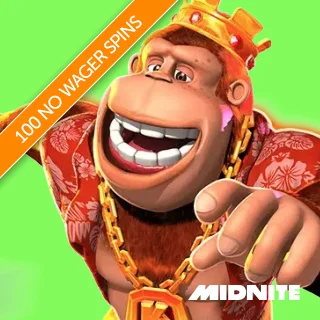 Midnite Casino logo with King Kong protagonist with a '100 no wager free spins' banner—promoting free spins on the game, King Kong Cash, even bigger bananas for a fiver