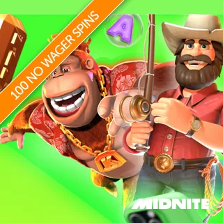 Bright Green Midnite Branding with Midnite Logo, Big Bass Splash Protagonist with King Kong behind him, and a promo for 100 no-wager spins banner