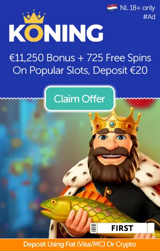 Promotional offer for €11,250 plus 725 free spins from Koning Casino with a picture of the big bass protagonist wearing a crown.