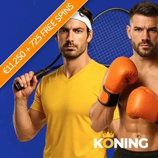 Koning logo with orange banner promoting 11,250 euros plus 725 free spins (with a boxer and a tennis player featured).