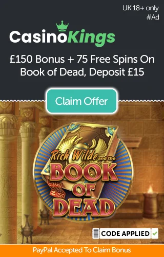 Book of Dead slot logo overlaying Book of Dead game background with a promo for £150 bonus and 75 free spins on Book of Dead slot when you deposit £15 Book of Dead slot logo overlaying Book of Dead game background with a promo for £150 bonus and 75 free spins on Book of Dead slot when you deposit £15