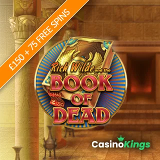 Orange banner displayed diagonally promoting £150 and 75 free spins with Book of Dead logo overlaying an Egyptian tomb and the Casino Kings logo