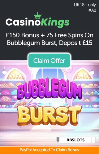 Bubblegum Burst slot logo with game backdrop and promo for £150 plus 75 free spins on Bubblegum Burst Bubblegum Burst slot logo with game backdrop and promo for £150 plus 75 free spins on Bubblegum Burst