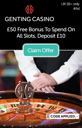 Genting Casino logo with an offer for £50 free to spend on all slots—with an image of a croupier stood at a Roulette table