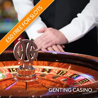 The croupier stood at a roulette table with the Genting Casino logo and an orange diagonal banner promoting £50 free for slots