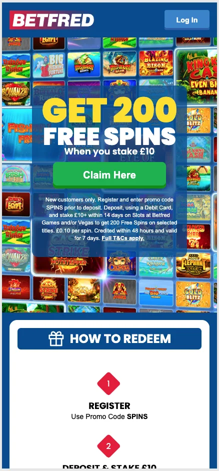Screenshot of the Betfred Casino Free Spins landing page.