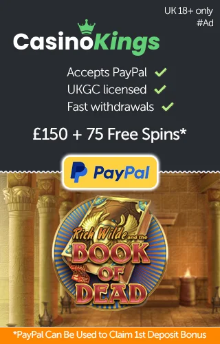 Book Of Dead Slot Logo Set In Front Of A Scene From The Game With A Paypal Button Signifying Paypal Accepted At Casino Kings.