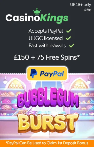 Bubble Gun Burst Logo Set Over The Bubble Gun Burst Game Scenery With The Paypal Logo Signifying Casino Kings Accepting Paypal.