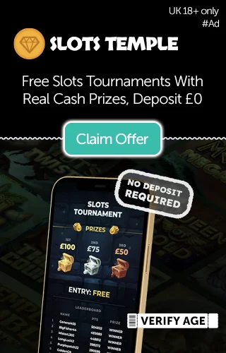 Slots Temple logo with promo for free slots, tournaments, and real cash prizes with a mobile phone displaying the Slots Temple tournament page.
