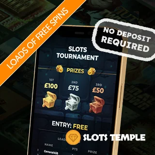 Orange banner promoting loads of free spins and a mobile phone (the Slots Temple tournament page displayed on it) with "no deposit required" stamped on top.