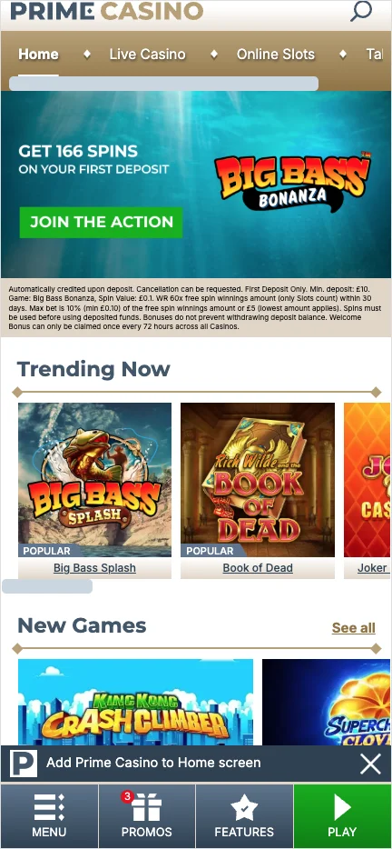 Prime Casino home screen and lobby displayed on mobile. Prime Casino home screen and lobby displayed on mobile.