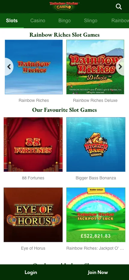 Rainbow Riches casino slot lobby selection screenshot Rainbow Riches casino slot lobby selection screenshot