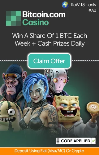 Various characters from the Bitcoin.com casino hero image and a promo for your share of one BTC each week to be won.
