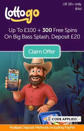 LottoGo logo with promo for up to £100 plus 300 free spins on Big Bass Splash when you deposit £20, with artwork from Big Bass Splash below. LottoGo logo with promo for up to £100 plus 300 free spins on Big Bass Splash when you deposit £20, with artwork from Big Bass Splash below.