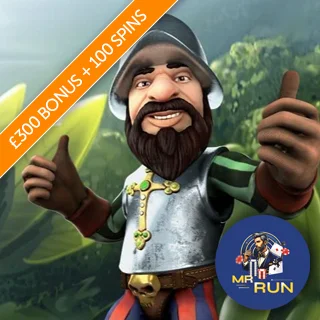 Gonzo from Gonzo's Quest with an orange diagonal banner promoting £300 free in bonuses and 100 free spins on Gonzo's Quest with the MrRun logo in the bottom right
