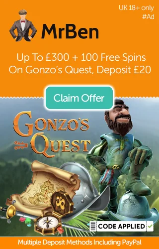 Gonzo's Quest game artwork with a promo for £300 in Deposit Match, plus 100 free spins on Gonzo's Quest, with the MrBen logo featured at the top Gonzo's Quest game artwork with a promo for £300 in Deposit Match, plus 100 free spins on Gonzo's Quest, with the MrBen logo featured at the top