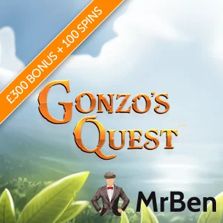 Diagonal orange banner with promo for £300 bonus and 100 free spins with Gonzo's Quest logo set over some game artwork with the MrBen logo at the bottom
