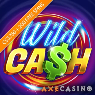 Diagonal orange banner promoting 3750 CAD plus 200 free spins with the wild cash slot logo and the Axe Casino logo in the bottom right hand corner.