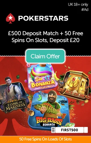 Four featured slot games including Sweet Bonanza and Big Bass Bonanza, with a promo for Poker Stars Casino for £500 and 50 free spins. Four featured slot games including Sweet Bonanza and Big Bass Bonanza, with a promo for Poker Stars Casino for £500 and 50 free spins.