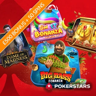 Orange banner promoting £500 bonus and 50 spins with full popular slot game, Logos and characters featured and PokerStars logo