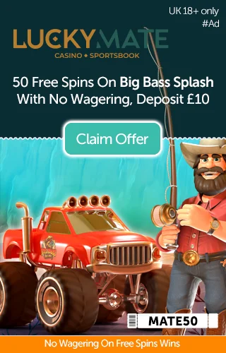 LuckyMate Casino logo with promo for 50 free spins on Big Bass Splash with no wagering when you deposit £10 with game artwork from Big Bass Splash LuckyMate Casino logo with promo for 50 free spins on Big Bass Splash with no wagering when you deposit £10 with game artwork from Big Bass Splash
