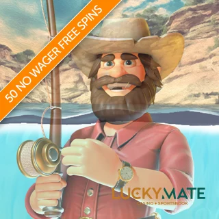 Diagonal orange banner promoting 50 no wager free spins with Big Bass Splash artwork in the background and the LuckyMate logo in the bottom right corner
