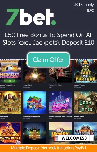 Screenshot of 7bet slots lobby with promo for £50 deposit match bonus to spend on any slot or casino game with a minimum deposit of £10 Screenshot of 7bet slots lobby with promo for £50 deposit match bonus to spend on any slot or casino game with a minimum deposit of £10