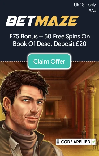 Betmaze logo with promo for £75 bonus and 53 spins on Book of Dead slot with game artwork and Rich Wilde on the left