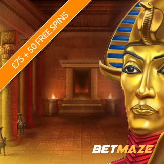 Orange diagonal banner promoting £75 in deposit match plus 50 free spins with Book of Dead artwork and Osiris character aligned to the right with Betmaze logo