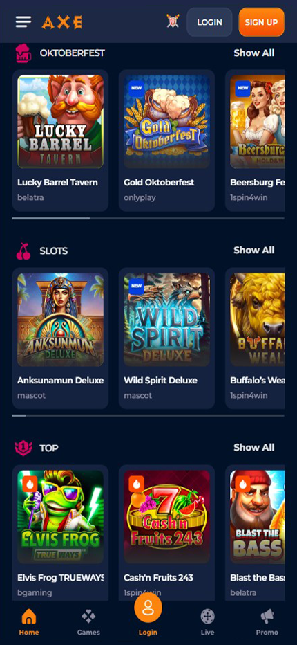 Axe Casino games lobby screenshot Axe Casino games lobby screenshot