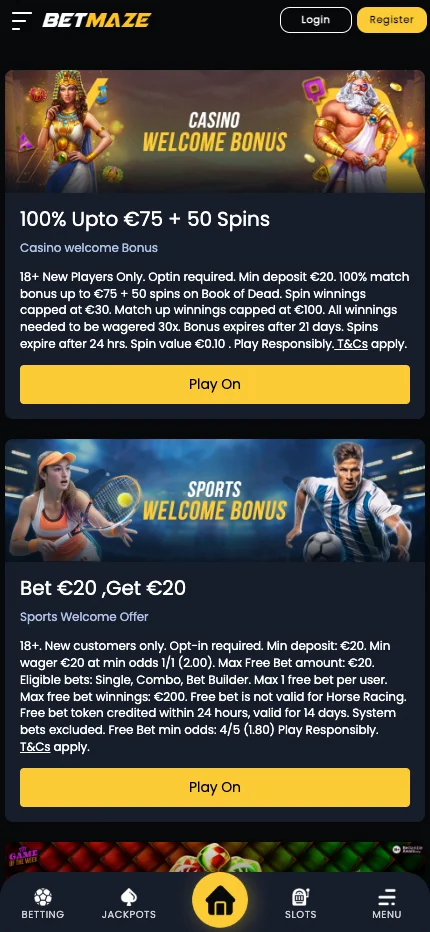 Betmaze promotions page screenshot