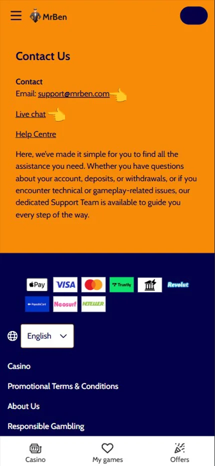 MrBen Casino customer support options MrBen Casino customer support options