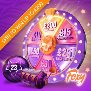 Diagonal orange banner promoting "Spin to win up to £200" with the Foxy Games Welcome Offer Wheel, with various prize amounts featured on it